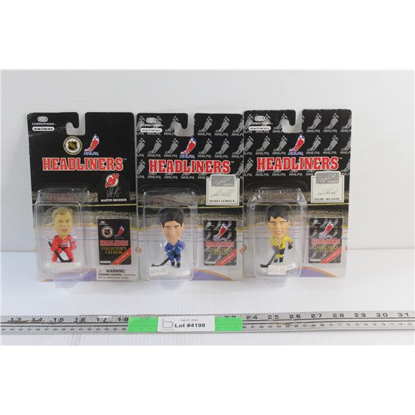 (3) Headliners NHL Collectible Figures and Catalogues - Martin Brodeur, Mario Lemieux and Teemu Sela