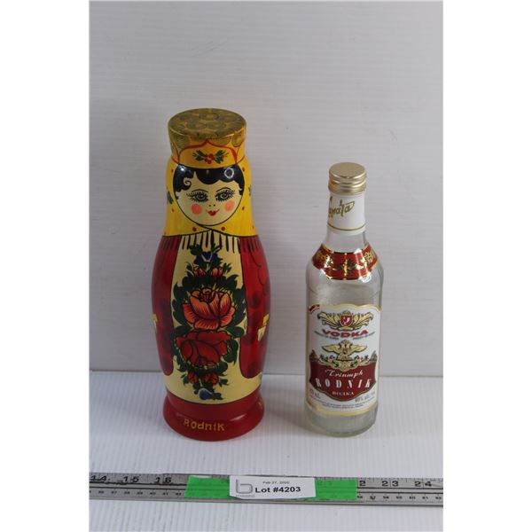 Wooden Bodnik Nesting Doll and Triump Bodnik Vodka Bottle - Empty