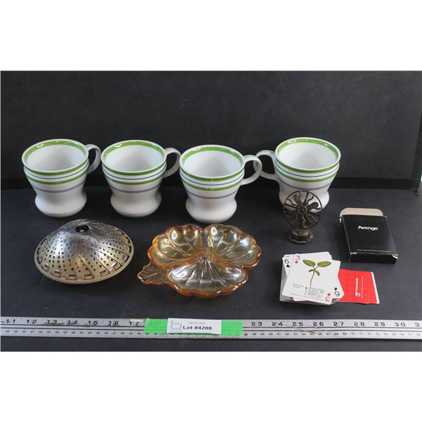 (4) Ceramic Starbucks Mugs, Divided Carnival Glass Dish, Avenge Playing Cards, Desk Fan Ornament and