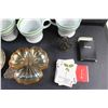 Image 4 : (4) Ceramic Starbucks Mugs, Divided Carnival Glass Dish, Avenge Playing Cards, Desk Fan Ornament and