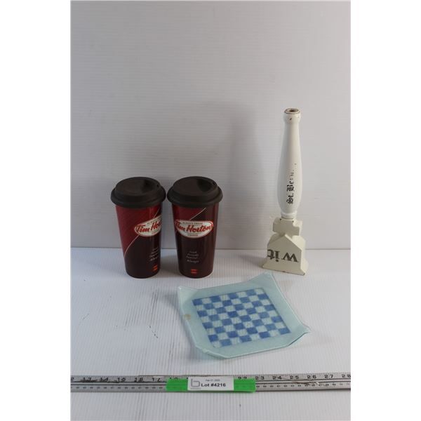 (2) Reusable Tim Hortons Ceramic Cups, Beer Tap and Glass Chess Plate