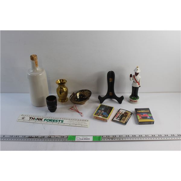 Brass Vase, Playing Cards, Ceramic Liquor Shot Cup, Plate Stand, Ruler and Misc