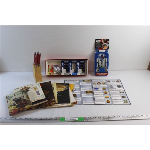(4) Laguiole Dining Knives, Knife Stand, Cookbooks, Assorted Shirt Pins, Star Wars Coloring Kit and 