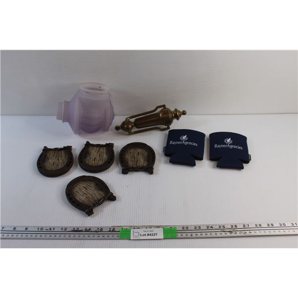 (2) Cup Holder Bands, (4) Horseshoe Coasters, Brass Door Knock and Outdoor Porch Light
