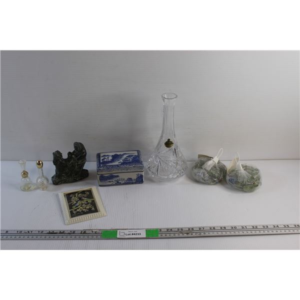 Bohemian Lead Crystal Flower Vase, Ceramic Jewelry Box, Photo Frame 5'' x 4'', Marbles and Misc