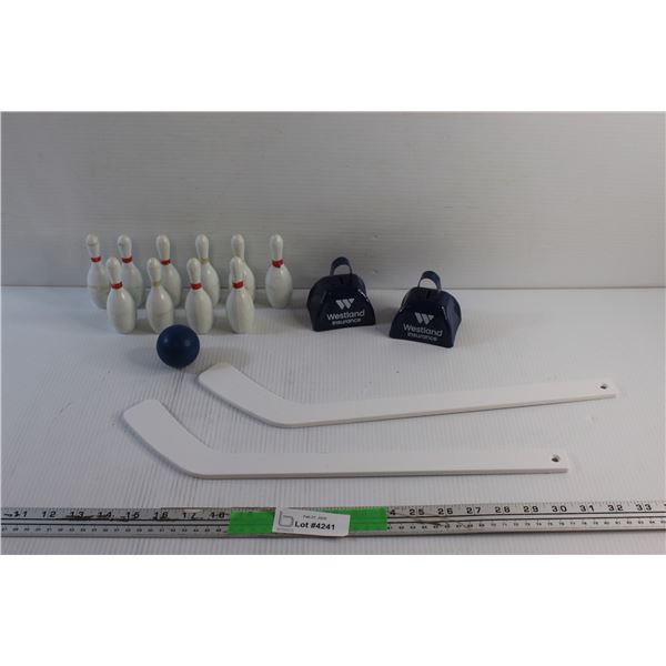 Miniature Bowling Set, Cow Bells and Miniature Hockey Sticks
