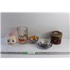 Image 1 : (2) Ceramic Tea Cups and (1) Coaster, Ceramic Piggy Coin Bank, Glass Pitcher and Vintage Old Port To