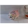 Image 6 : (2) Ceramic Tea Cups and (1) Coaster, Ceramic Piggy Coin Bank, Glass Pitcher and Vintage Old Port To