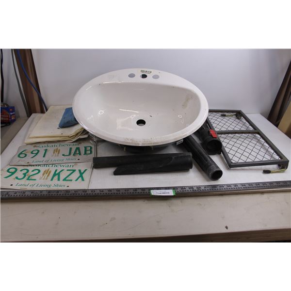 Counter Sink 20" x 17" x 7", Sask License Plates, Shop Vac Bags and Vacuum Parts, Misc.