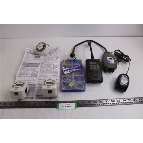 Assorted Timers, Electric Air Pump - All Untested, Picture Hanging Kit - All As is