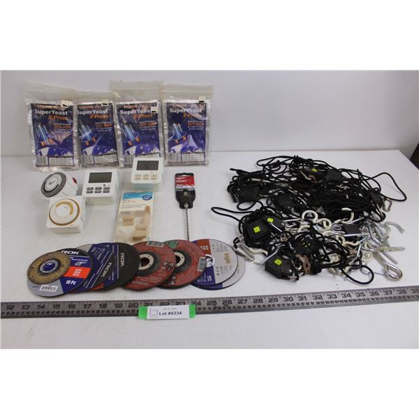 Assorted Rope Cables & Hooks, (4) Pouches of LiquorQuik Super Yeast - Sealed, Timers, Grinding Disks