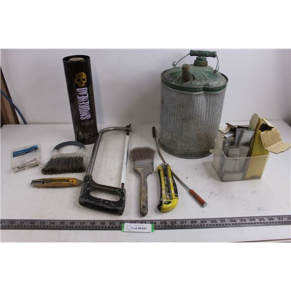 Vintage Gas Can , Wood Saw, Smokehead Scotch Whiskey Tin (empty), Misc. - All As is