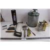 Image 1 : Vintage Gas Can , Wood Saw, Smokehead Scotch Whiskey Tin (empty), Misc. - All As is