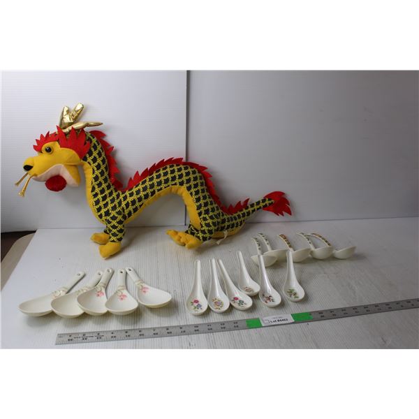 Stuffed Chinese Dragon 28.5" Long & (16) Soup Spoons