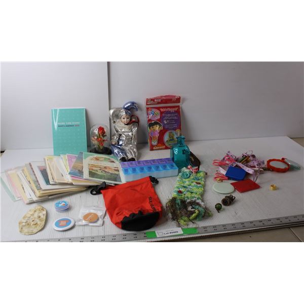 Sewing Supplies, Porcelain Clown Figurine, Swimming Earplugs, Assorted Greeting Cards, Misc.