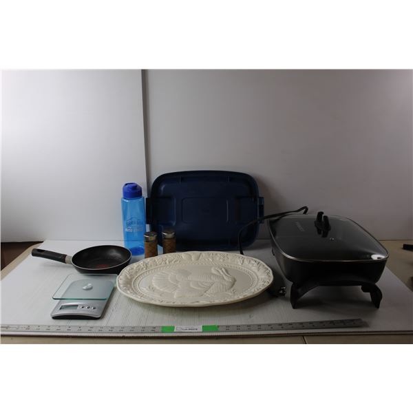 Black & Decor Electric Skillet- Powers On/Broken Handle, Ceramic Turkey Tray 18" Long, Kitchen Scale