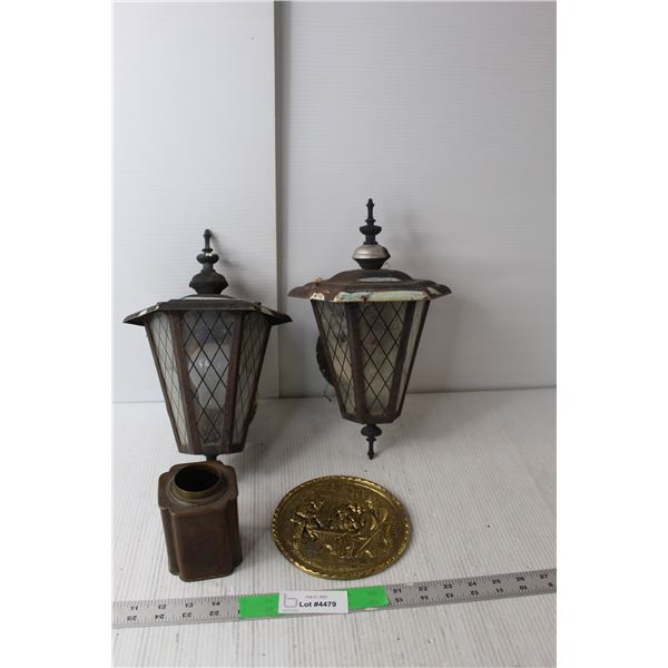 (2) Vintage Porch Lights- Consigner States Working, Brass Tea Tin, Gold Colored Wall Art