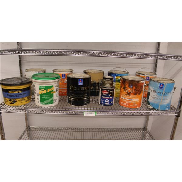 ** (12) Cans of Paint Products (Carpet Tile Adhesive, Semi-Gloss, Primer, Egg Shell - Most Partial) 