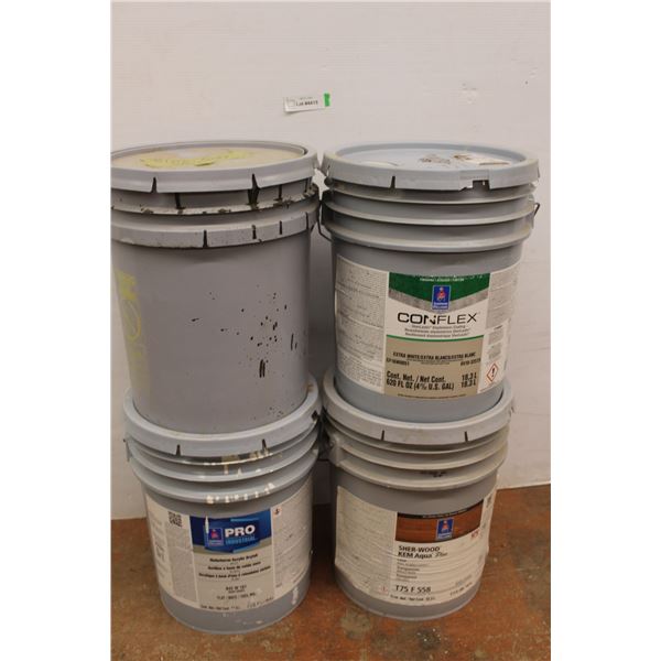 ** (4) 18.9L Pails - Partials - All 1/2 or Less (Black Fence Stain, Acrylic Dryfall, Sherwood Clear 