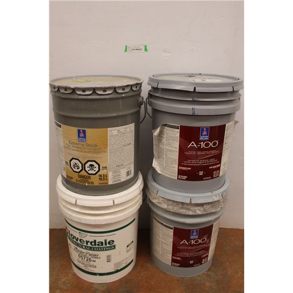 ** (4) 17.3L to 18.5L Pails - Partials - 3 Likely Full & 1 1/4 Full (Stain Block Primer, Latex Drywa