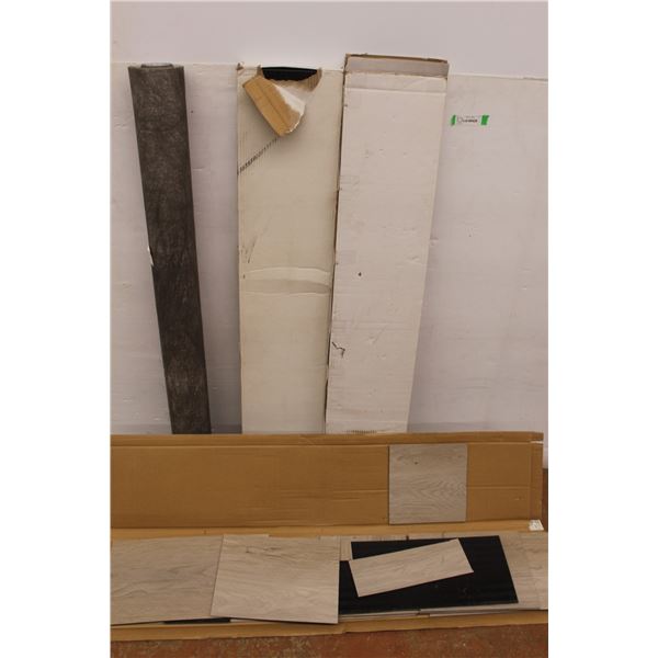 ** (4) Boxes of Grey Vinyl Floor Plank - 2 Boxes Are Partial 48" Long x 9.25" Wide, Roll of Flooring