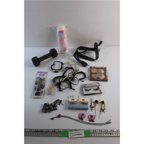 Make Up, Faux Eyelashes, Earrings, Bracelets, Dumbbell, Cotton Rounds and Misc