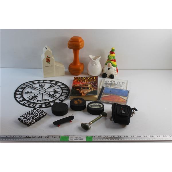 Grain Elevator Coin Bank, Scandinavian Compass, Hockey Pucks, 3lb Dumbbell, Face Roller, Ceramic Flo