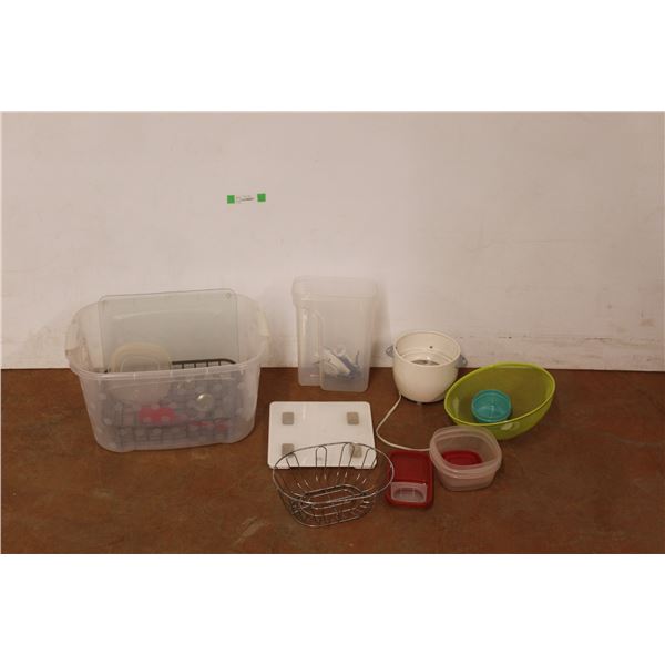 Plastic Tote 11'' x 16'' x 21''. Smart Scale, Food Containers, Dish Rack and Misc