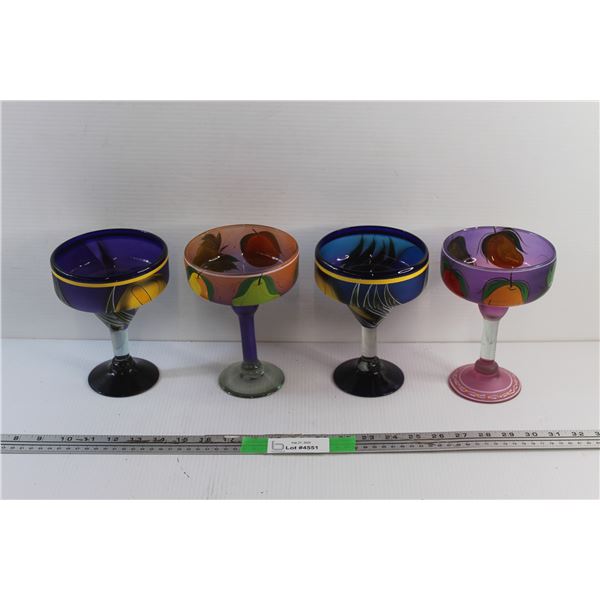 (4) Hand Painted Mexican Margarita Goblets