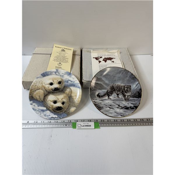 (2) Collector Plates: "Baby Seals" by Royal Grafton & Snow Leopards "Fleeting Encounter"
