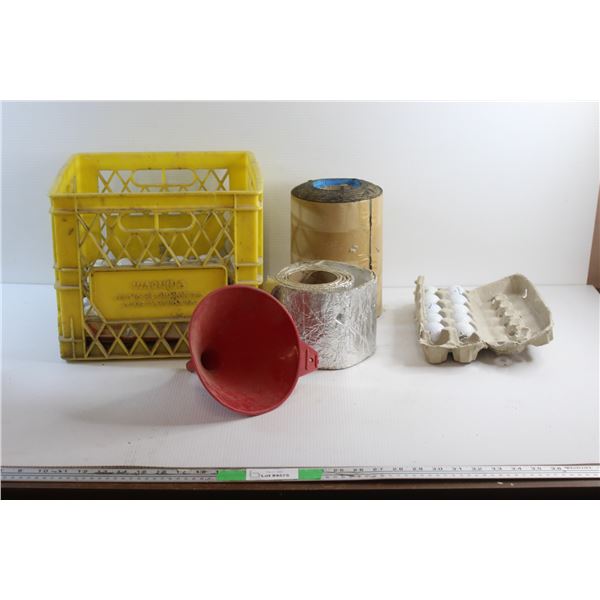Peeling Stick Membrane, Golf Balls. Plastic Funnel and Milk Crate
