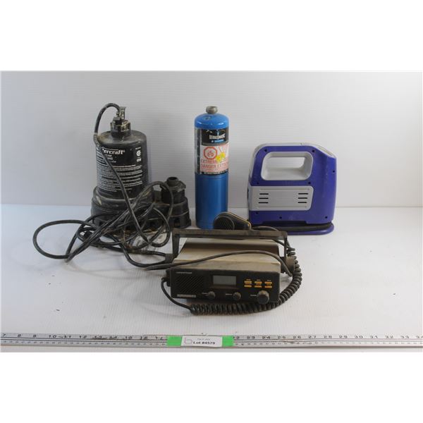 Mastercraft Submersible Utility Pump, Hummingbird Radio, Small Air Compressor - As Is and Propane Ta