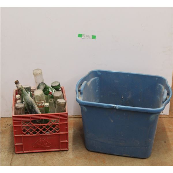 *Plastic Tub 16'' x 17'' x 23'', Milk Crate and Vintage Pop Bottles