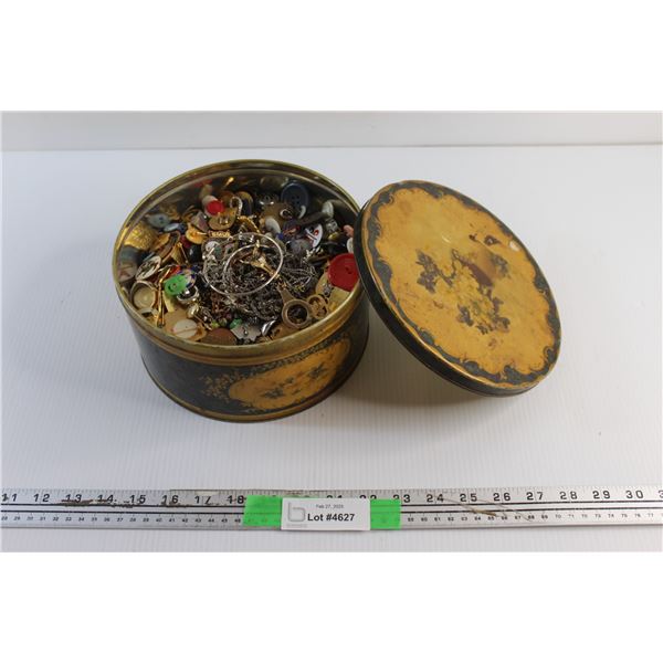 Tin Box, Assorted Buttons, Jewelry and Shirt Pins