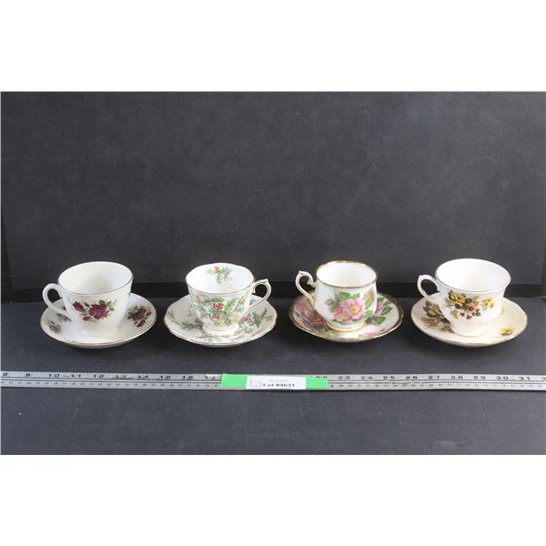 (4) Porcelain Tea Cup & Saucer Sets: Royal Albert & Queen Anne