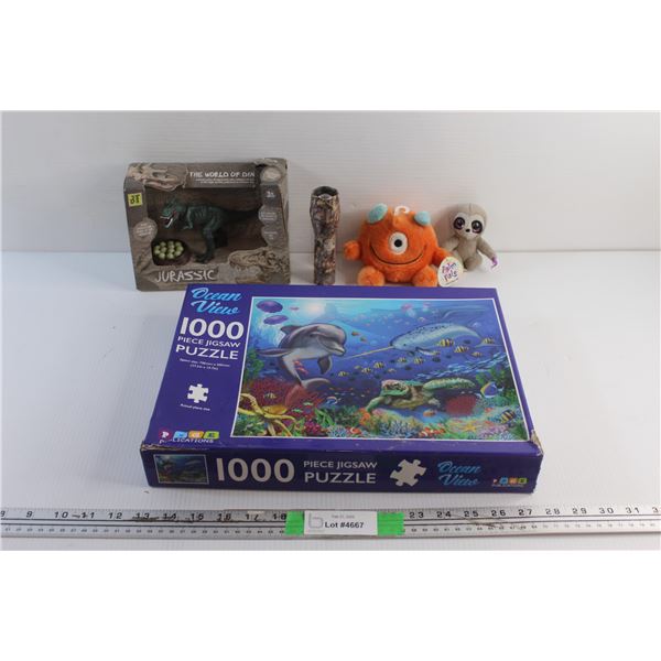 Plush Toys, Flashlight, 1000 pc Jigsaw Puzzle and Jurassic Dinosaur Toy