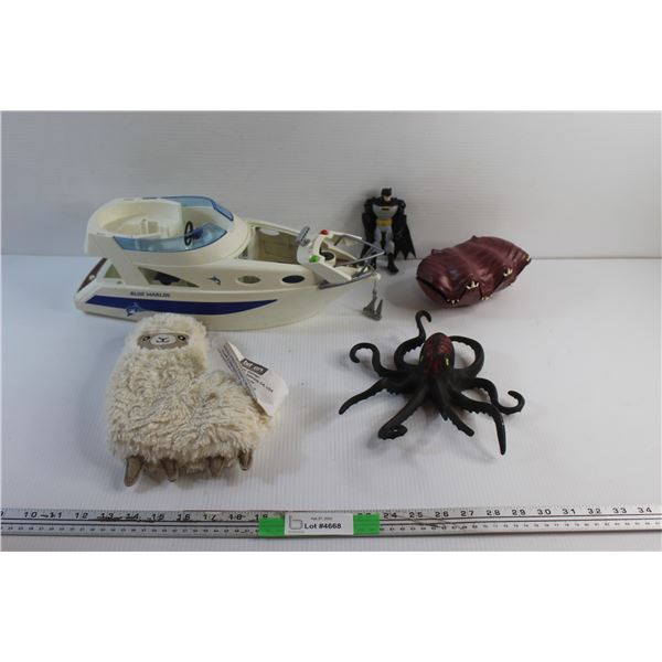 Blue Marlin Yacht Toy, Kraken & Play Mobile Toys, Batman Figurine and Llama Heat Bag