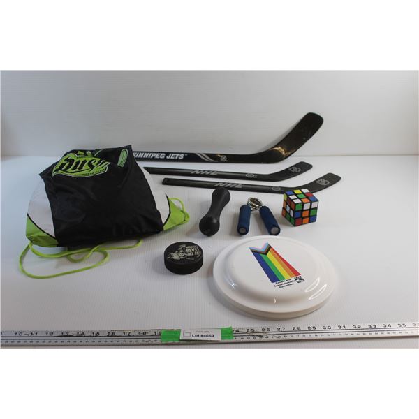 (3) NHL Miniature Hockey Stick, Frisbee, Sport Bag, Hockey Puck, Rubik's Cube,Grip Trainer and Dumbb