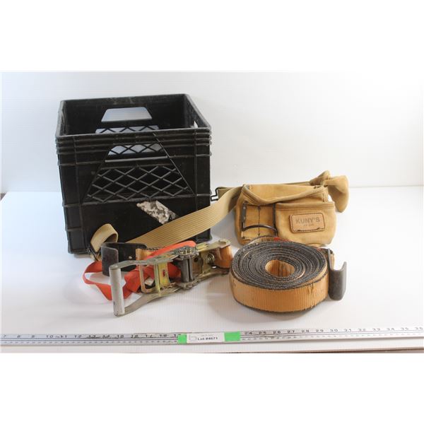 Tool Belt, Ratchet Tie Down, Towing Strap and Milk Crate