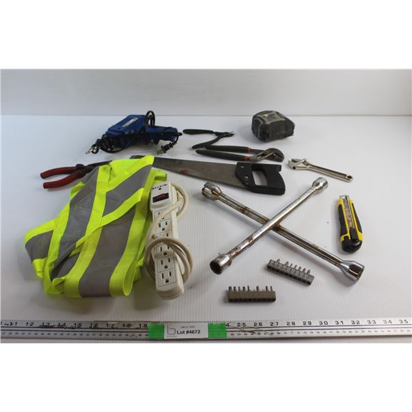 Safety Straps, Soldering Gun, Power Bar, Hand Saw, Tape Measure, Box Cutter, Adjustable Wrench and M