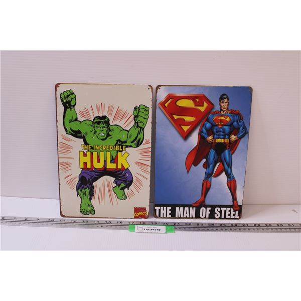 (2) Metal Signs: Hulk & Superman - 8" x 12"