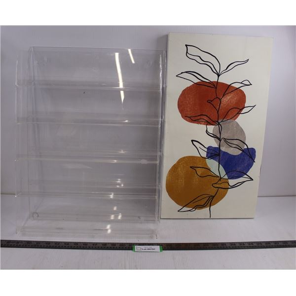 Wooden Wall Art 22" x 12" x 1.5", (2) Clear Plastic Wall Mountable Display Shelves 15.5" x 20" x 2"