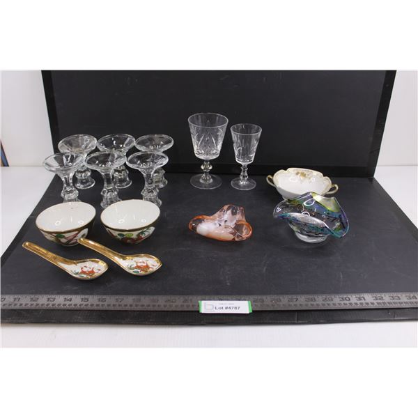 Set of 6 Glass Candle Holders, (3) Asian Style Soup Bowls & Utensils, Trinket Dishes, Crystal Wine G