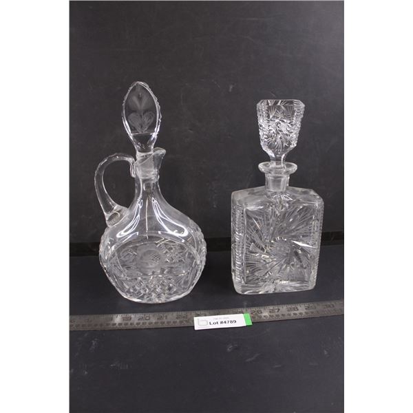 (2) Crystal Wine/Liquor Decanters 12" & 10.5" Height with Stoppers