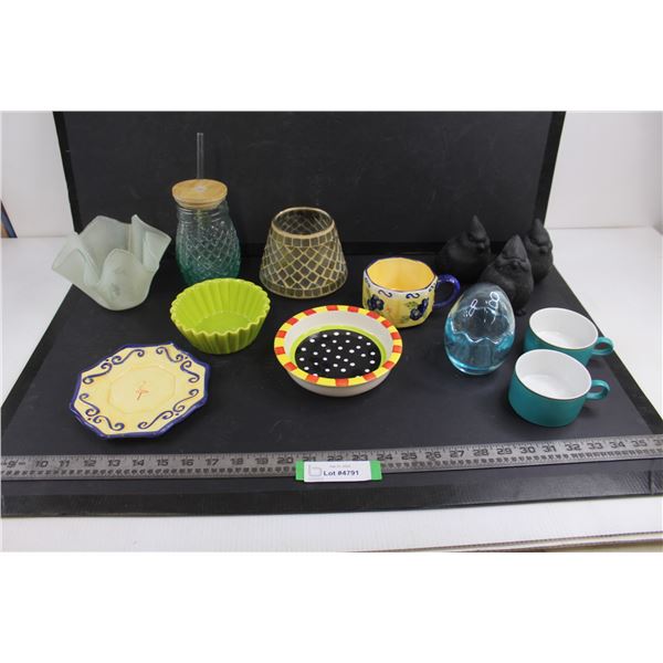 Assorted Glass & Ceramics (Cups, Mini-Casserole, Candle Holders, Table Decor)