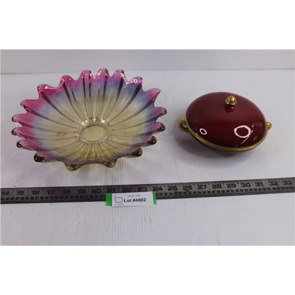 Vintage Dishes (Marigold Carnival Fruit Bowl 11" Dia, Empire Superbe Covered Dish 6" Dia)