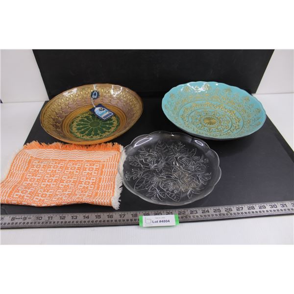 (2) Turkish Presentation Dishes 12" Dia, Rose Moulded Glass Plate 9.5" Dia, Indian Cotton Placemat 1