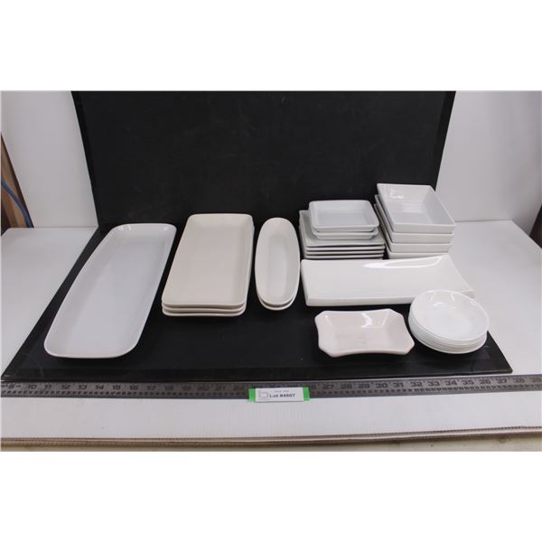 Assorted Ceramic Platters, Dishes & Small Casseroles (Corelle, Tannex, ArtMinds), 1 Plastic Platter 