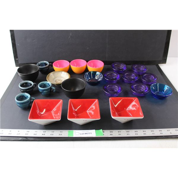 Ceramic & Glass Art Pieces- Candleholders, Miniature Mugs, Misc.