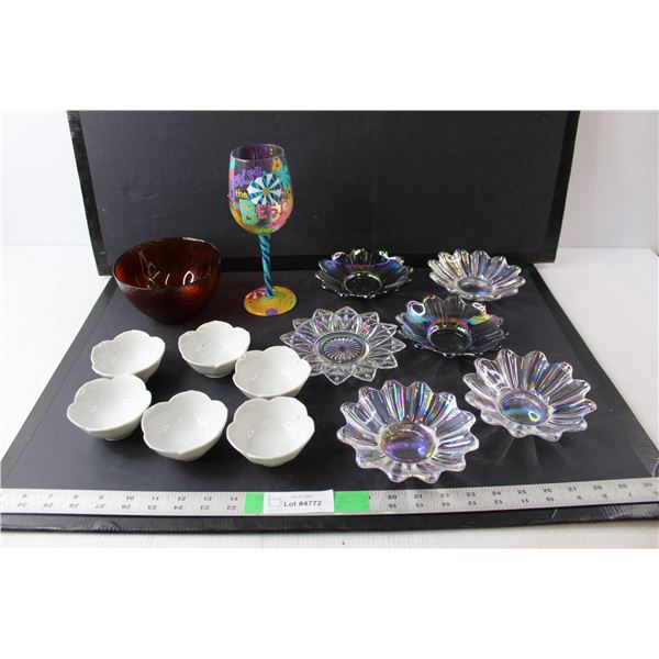 (6) Rainbow Glass Dishes, Wine Glass, (6) Miniature Ceramic Bowls, Amber Glass Bowl